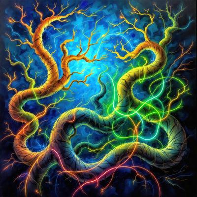 The primary subject of the image is a tree with a blue background. The tree is depicted in a vibrant and colorful manner, with its branches and roots illuminated by a mix of blue, green, and orange colors. The visual style of the image is a combination of digital art and illustration, creating a unique and eye-catching representation of the tree. The overall atmosphere of the image is lively and energetic, with the vivid colors and dynamic composition capturing the viewer's attention.